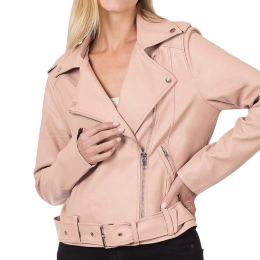 Vegan Leather Belted Moto Jacket In Blush